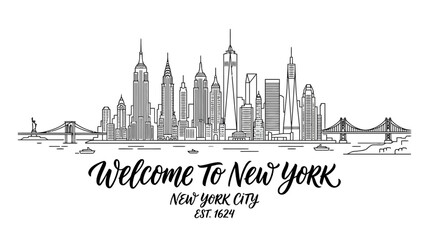 Naklejka premium New York City Skyline with Welcome Message - Black and White Line Art