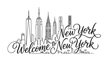 Obraz premium New York Skyline Welcome Illustration with Calligraphy Text