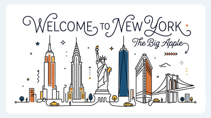 Obraz premium Welcome to New York City Skyline - Iconic Landmarks, Big Apple Illustration