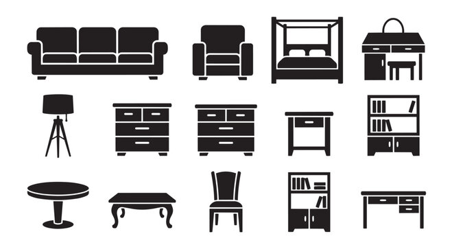 Interior furniture icon collection representing home furnishing and decor with furniture interior bookshelf
