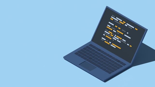 3D isometric laptop animation. Programming on laptop concept with program code. Program code on a laptop screen. Isometric technology. 4K video animated in isometric style