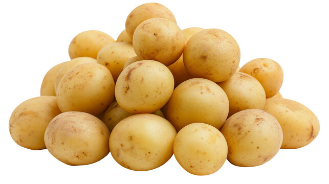 Pile of small round yellow potatoes with brown speckles, isolated on transparent background