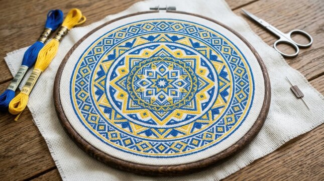 Embroidering a blue and yellow cross-stitch pattern in a wooden hoop on a rustic wooden table