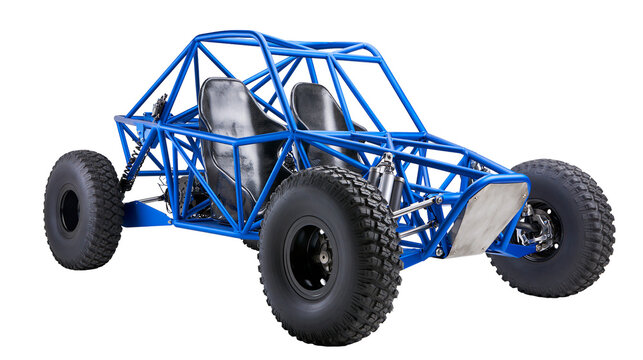 Blue tubular frame buggy with black seats, isolated on transparent background