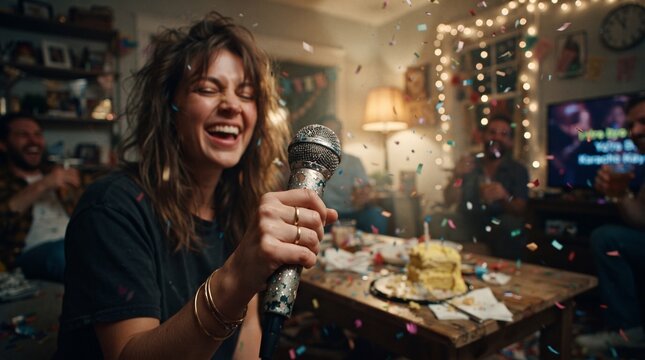 Young woman singing with microphone and celebrating at home party  