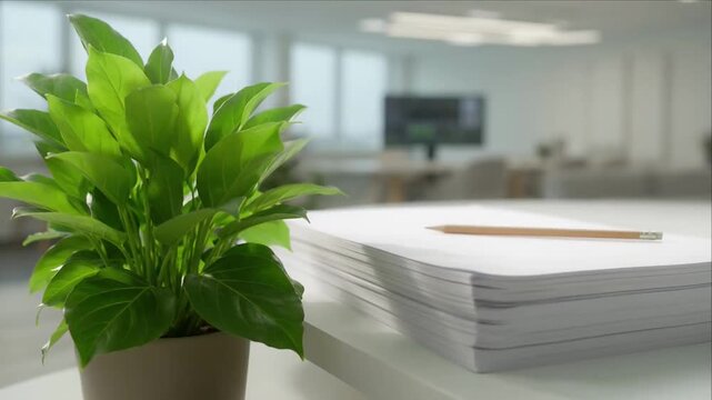 Green plant office desk with paper stack and pencil indoor workplace near blurred meeting room background, calm modern interior with natural decor and clean business setting, searchable document