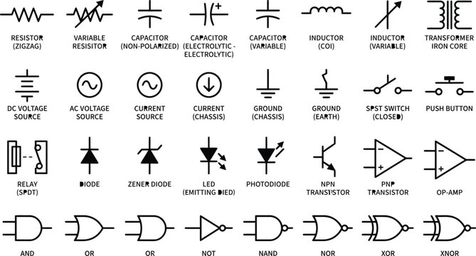 Electronic Components and Logic Gates Circuit Symbols Vector Set