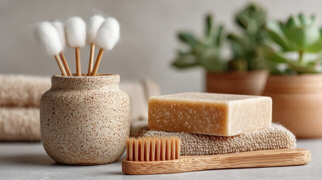 Eco friendly bathroom accessories with bamboo toothbrush natural organic soap bar cotton swabs in ceramic jar and towels on neutral background with succulent plants