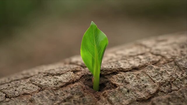 Young green leaf sprout growing from bark crack, macro closeup of fresh plant seedling with natural soft blur background, nature renewal and growth texture