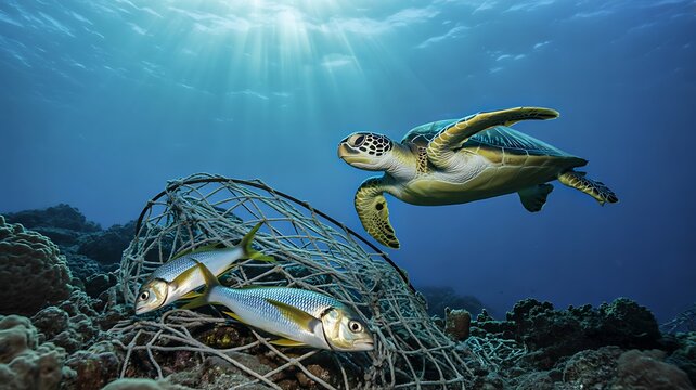 Sea turtle trapped in plastic fishing net highlighting marine pollution and ocean conservation
