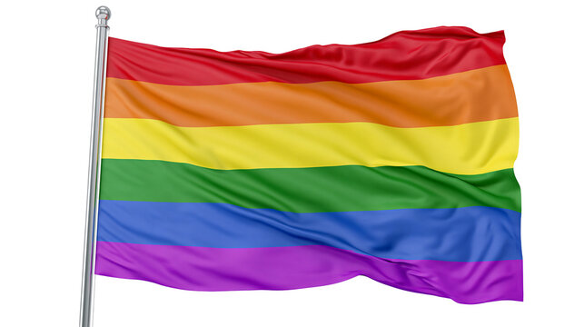 Waving rainbow pride flag on metal pole, isolated on transparent background