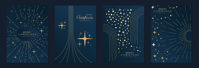Fototapeta premium Luxury Christmas invitation template vector with art deco gold celestial ornaments, moon, stars, wreath and firework line art on dark blue background for cover, poster, print and wallpaper