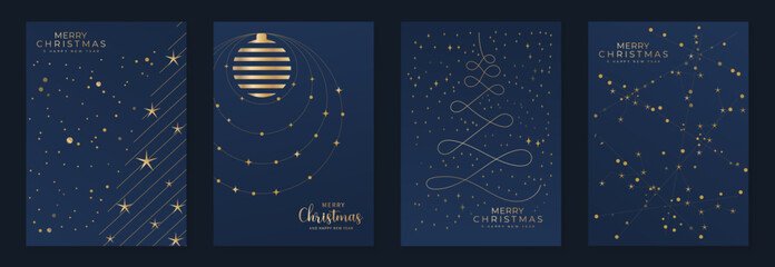 Luxury Christmas invitation template vector with art deco gold celestial ornaments, moon, stars, wreath and firework line art on dark blue background for cover, poster, print and wallpaper
