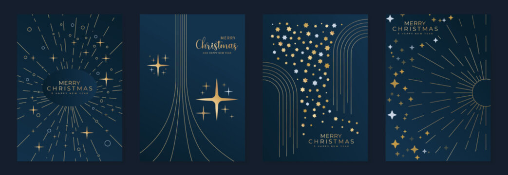 Luxury Christmas invitation template vector with art deco gold celestial ornaments, moon, stars, wreath and firework line art on dark blue background for cover, poster, print and wallpaper