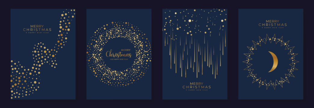 Luxury Christmas invitation template vector with art deco gold celestial ornaments, moon, stars, wreath and firework line art on dark blue background for cover, poster, print and wallpaper