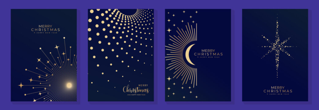 Luxury Christmas invitation template vector with art deco gold celestial ornaments, moon, stars, wreath and firework line art on dark blue background for cover, poster, print and wallpaper