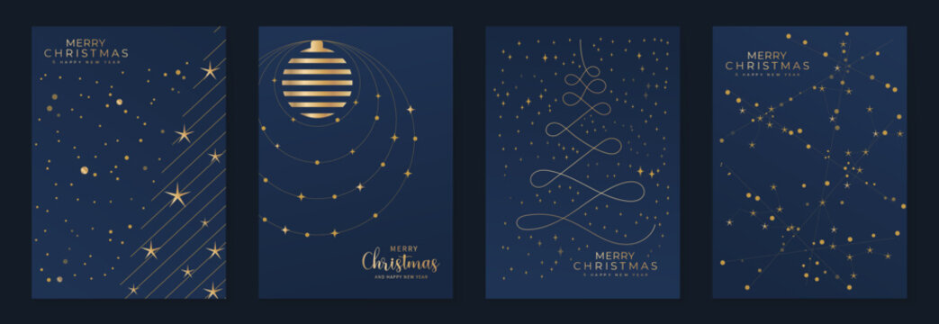 Luxury Christmas invitation template vector with art deco gold celestial ornaments, moon, stars, wreath and firework line art on dark blue background for cover, poster, print and wallpaper