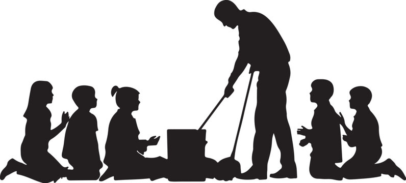 Silhouette of man and children praying, man getting up kids