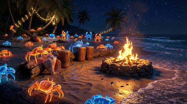 Fantasy Crab Festival by niche concept Fantasy Crab Festival by the Ocean Bioluminescent ghost crabs dance around a bonfire on a tropical beach at night Magical, surreal rave party concept cinematic