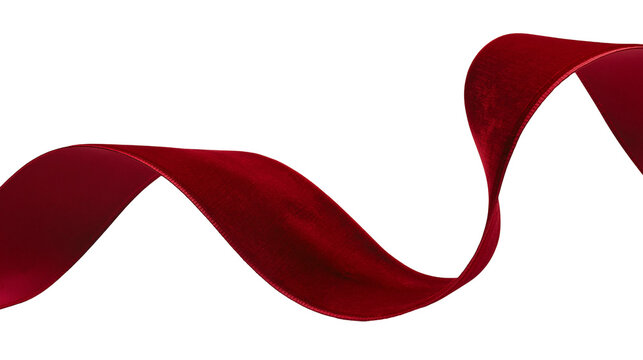 Luxurious deep red velvet ribbon flowing in a gentle curve, isolated on transparent background