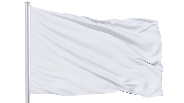 Waving blank white fabric flag on metal pole, isolated on transparent background