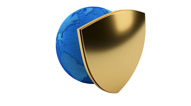 Golden shield protecting textured blue planet Earth, isolated on transparent background