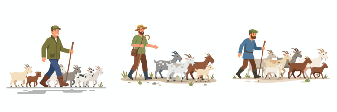 Shepherds herding goats illustration set showing rural lifestyle concept with livestock and traditional farming characters in nature scenes