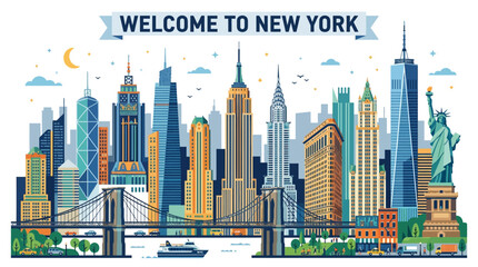 Obraz premium New York City Skyline - Iconic Landmarks & Brooklyn Bridge Illustration