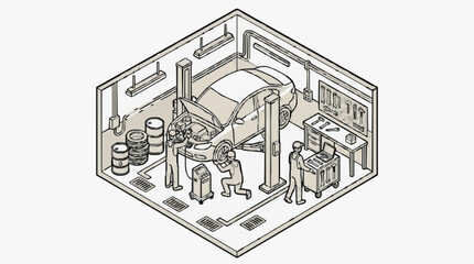 Obraz premium Minimalist Black and White Line Drawing of a Busy Auto Repair Shop with Mechanics Working on a Car