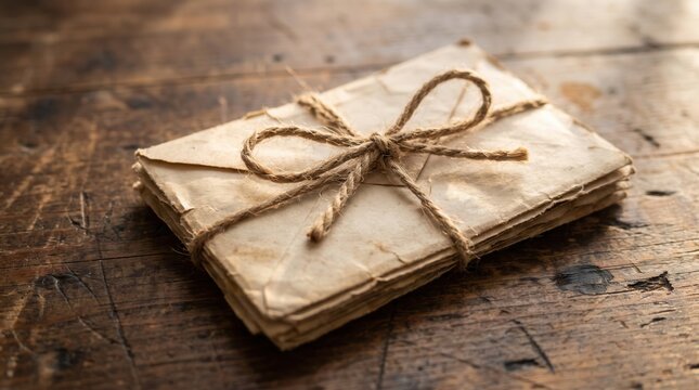 A stack of vintage handwritten letters tied with rustic twine resting on a weathered dark wooden table