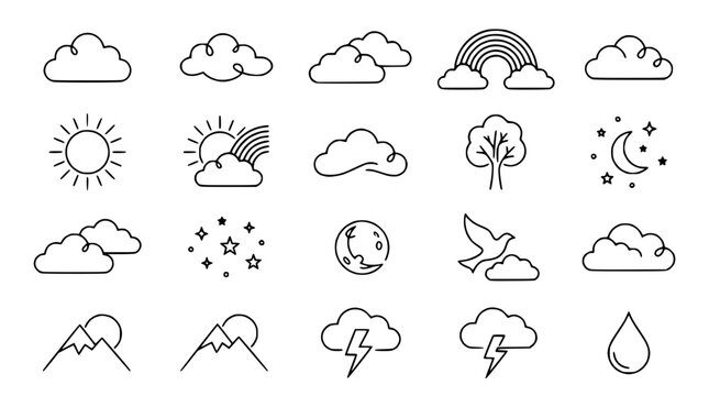 Weather Icons Collection: Sun, Clouds, Rainbow, Moon, Stars, Tree, Bird, Lightning, Rain
