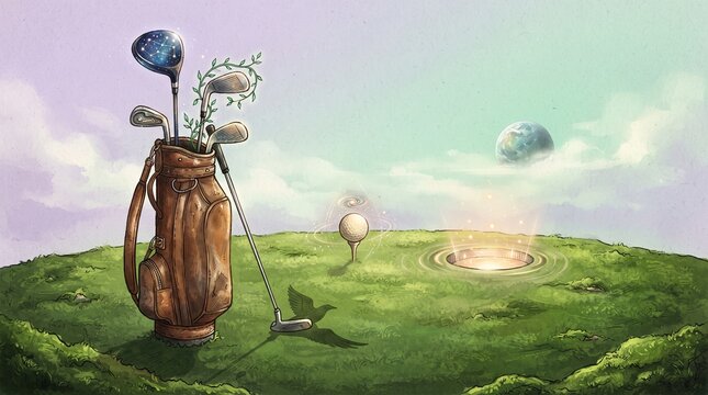 Golf clubs and bag on green hill with dreamy sky and planet  