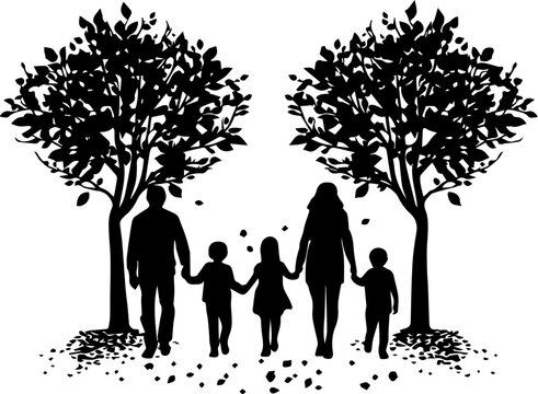 Black Silhouette of Family of Five Walking Together Between Trees with Falling Leaves Vector Illustration
