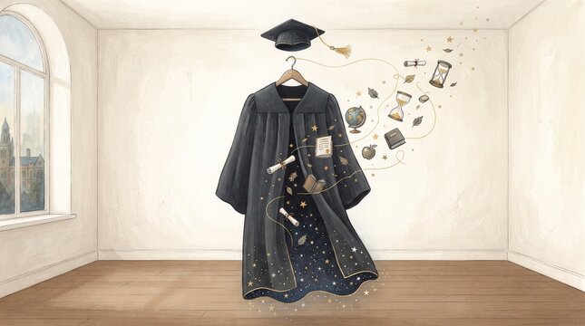 Graduate robe and cap hanging with floating school supplies in room for Day of Knowledge