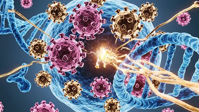 Microscopic view of DNA helix and viral cells.