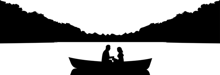 Silhouette of a romantic couple in a rowing boat on a peaceful lake surrounded by hills vector illustration © Rezowan 