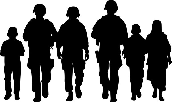 Black Silhouette of Soldiers and Civilians Walking Together in a Conflict Zone Vector Illustration