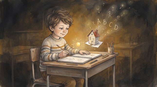 Young boy drawing at desk with magical imagery in background for Day of Knowledge