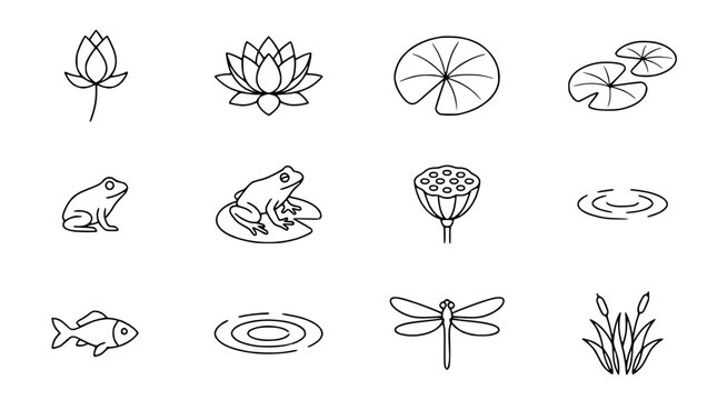 Pond Life Icons: Lotus, Frog, Dragonfly, Fish, Water Lily Pad, Reeds - Line Art Set