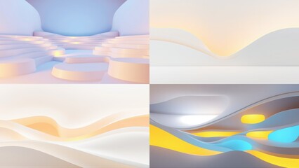 Fototapeta premium Abstract geometric shapes, soft lighting, pastel colors. Minimalist design, smooth curves, modern aesthetic. Four panels showcase flowing forms.