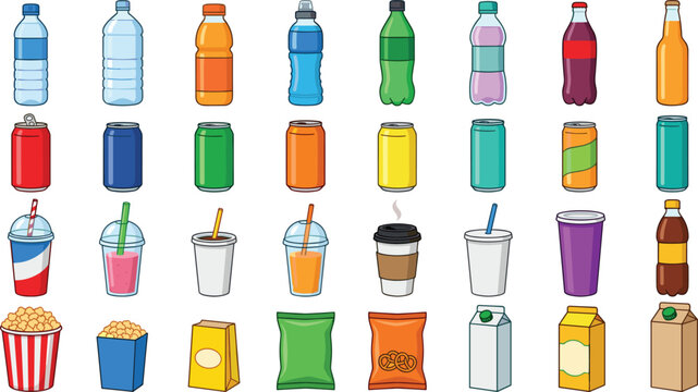 Beverage packaging collection, drink bottles cans cups and snack containers set, colorful vector illustration, isolated white background