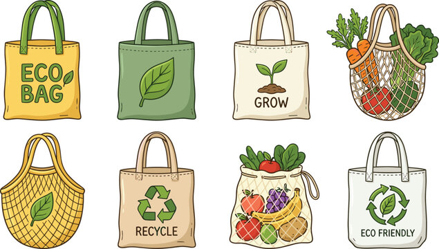 Eco reusable shopping bag collection, sustainable grocery tote and mesh bags set, colorful vector illustration, isolated white background