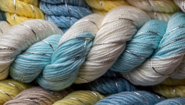 Close-up of thick yarn, braided with silver thread, in soft pastel colors of blue, cream, and yellow.