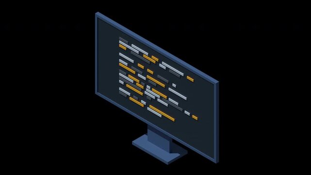 3D isometric monitor animation. Software programming coding concept. Code on computer monitor. Isometric technology. Transparent background with alpha channel