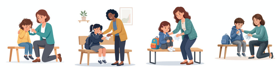 Obraz premium Diverse teachers and caring adults comforting upset school children on benches to provide mental health support and emotional care