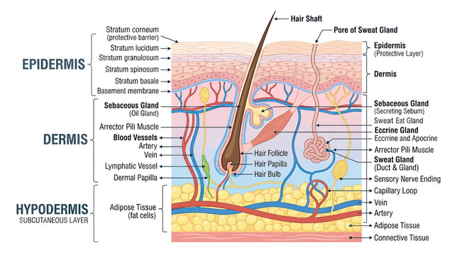 Human Skin Anatomy Diagram: Epidermis, Dermis, Hypodermis, Hair Follicle, Glands, Vessels