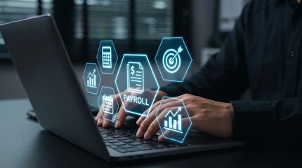 Fototapeta premium Professional typing on laptop with glowing virtual payroll and financial icons. Concept of digital accounting, human resources software, salary payment, and modern corporate financial management.