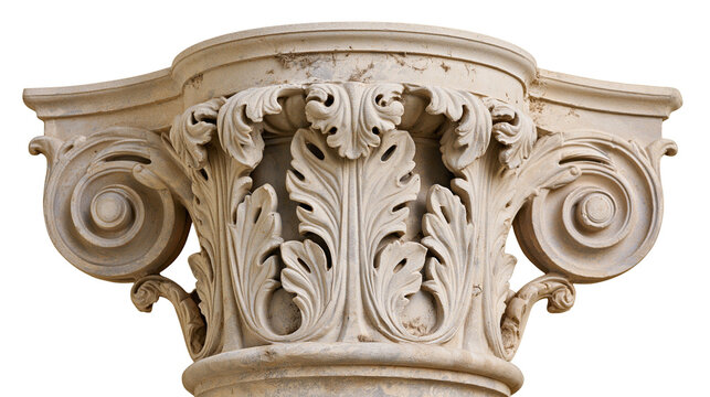 Ornate Corinthian column capital with acanthus leaves and volutes, isolated on transparent background