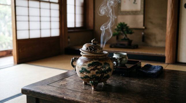 Traditional Japanese ceramic incense burner with rising smoke on wooden table