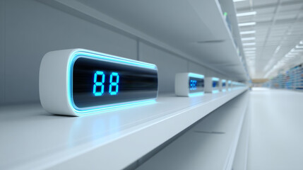 Fototapeta premium Neatly arranged blue digital electronic clocks in a row